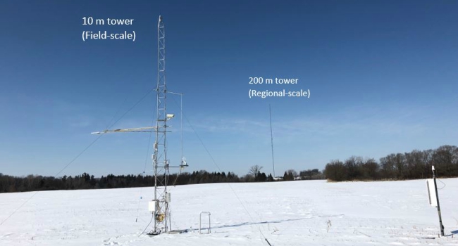 Picture of the 10 m field and 200 m regional tall towers in Rosemount, MN. The towers are used to measure CO2, H2O, and trace gases such as ammonia.